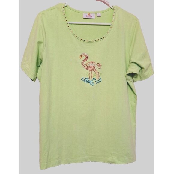 Quacker Factory Tops - Quacker Factory L Light Lime Green Short Sleeve Shirt Rhinestone Flamingo